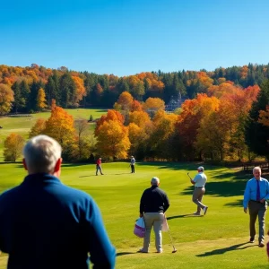 Golfers participating in the Omaha Charity Classic at Elkhorn Ridge Golf Course on a clear autumn day.