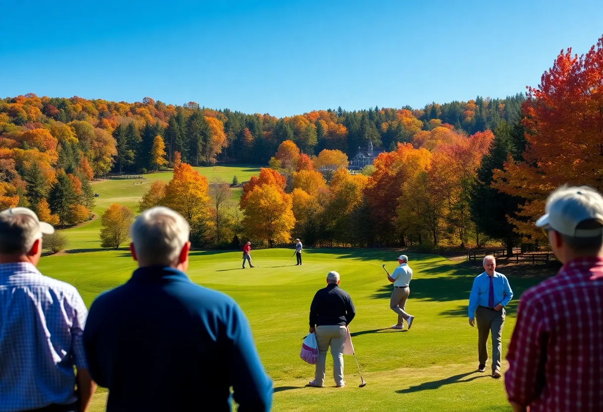 Golfers participating in the Omaha Charity Classic at Elkhorn Ridge Golf Course on a clear autumn day.