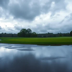 Golf course in Omaha with heavy rain and waterlogged greens