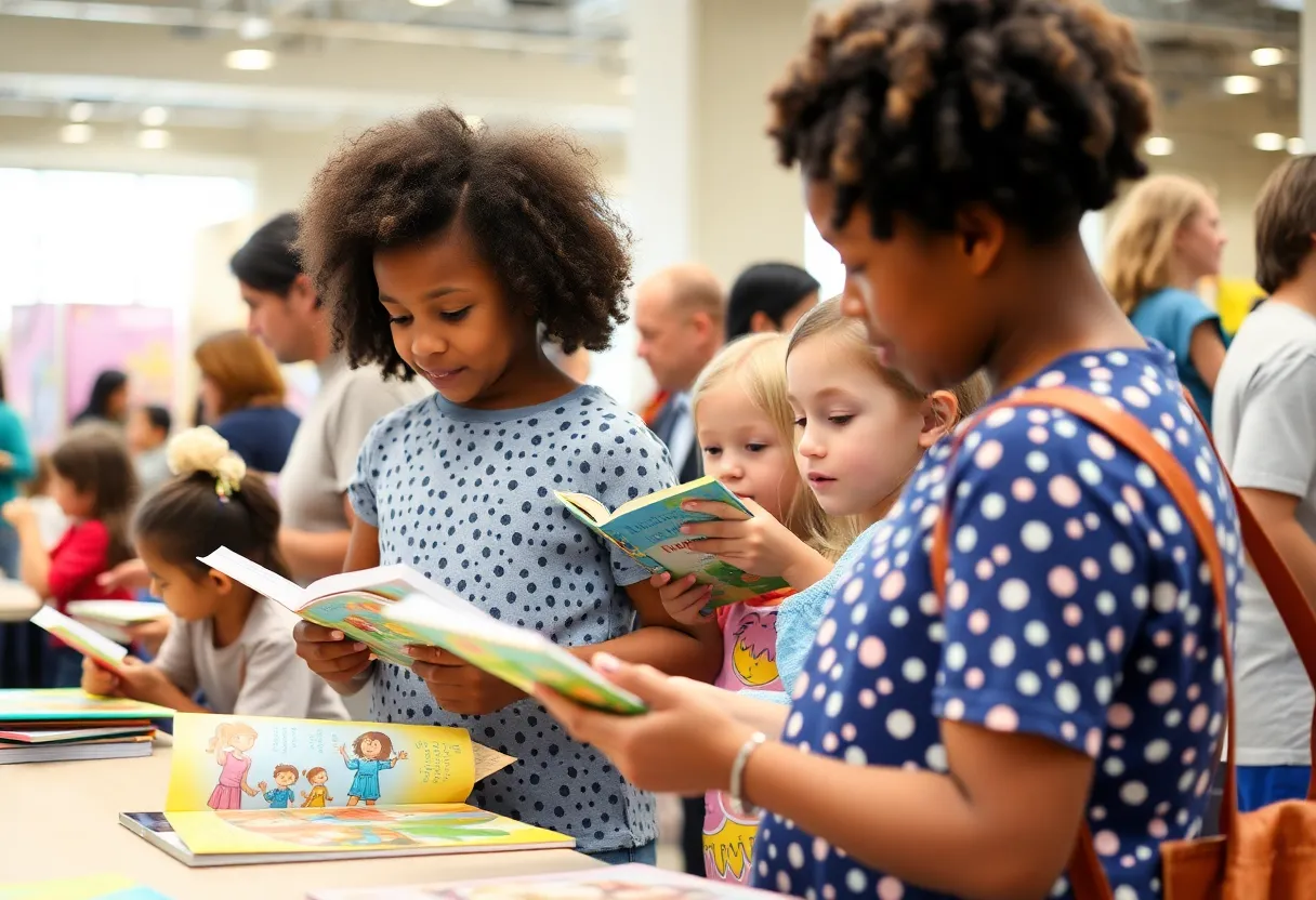 Families enjoying activities at the Omaha Children's Book Festival.