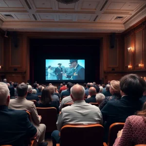 Commemoration event at Omaha Civic Auditorium featuring archival footage.