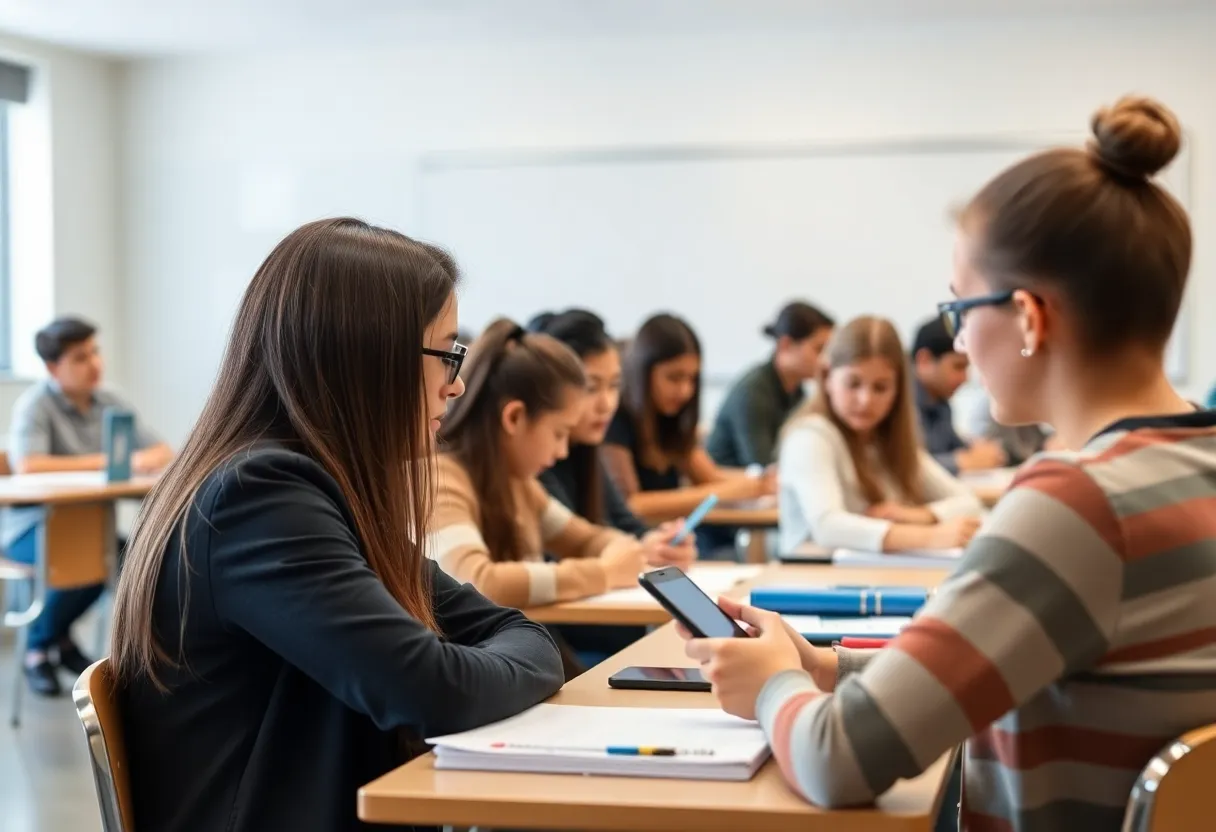 Students in an Omaha classroom engaged in learning without cell phones.
