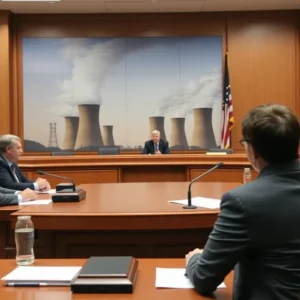 Courtroom scene regarding coal power lawsuit in Omaha