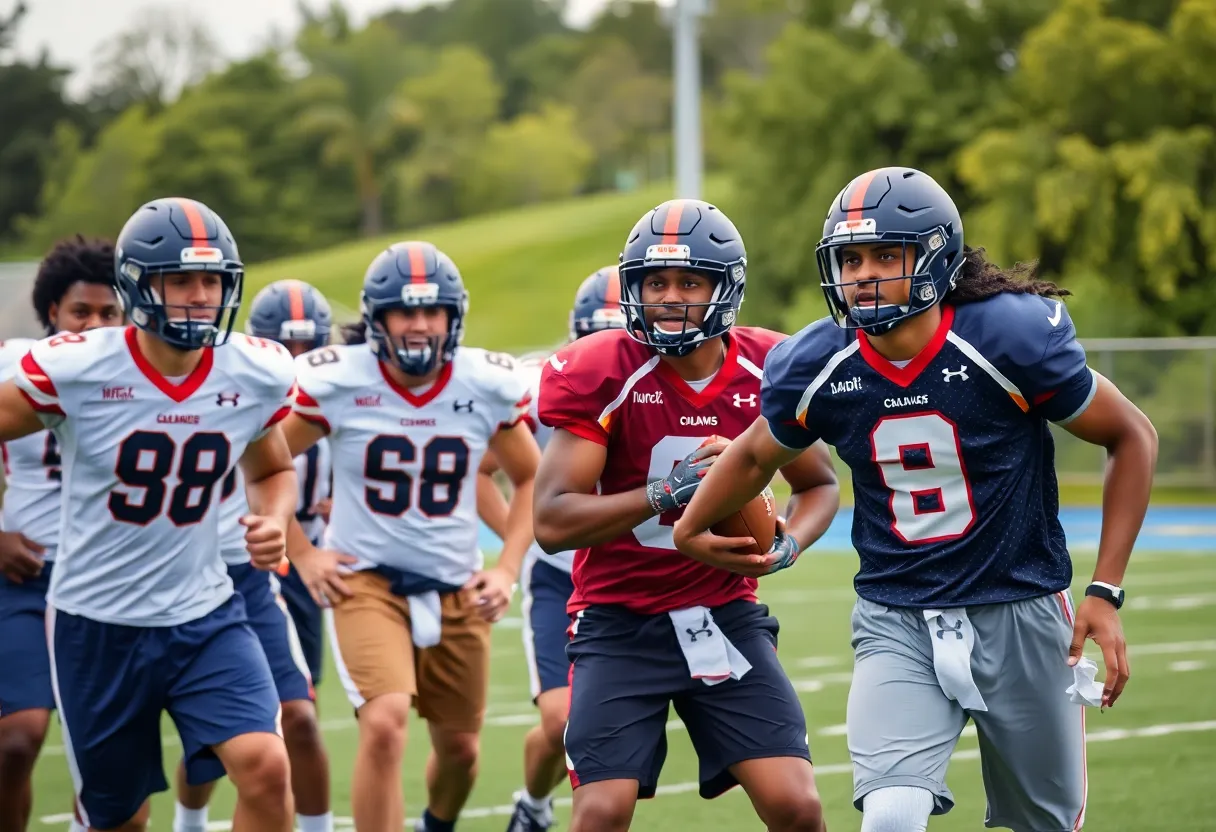 Omaha college football team practice with diverse athletes training together.