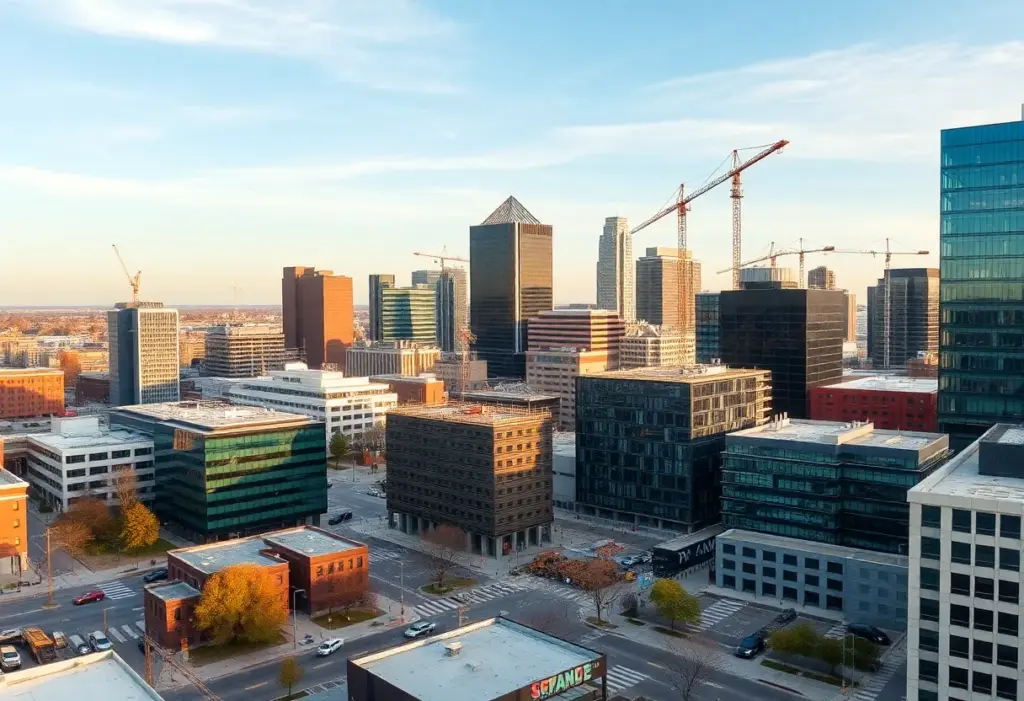 Urban view of Omaha with new office spaces and construction developments.