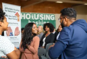 Attendees discussing affordable housing solutions at the Omaha community forum