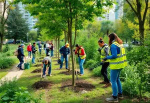 Community volunteers planting trees and cleaning trails at Tranquility Park, Omaha.