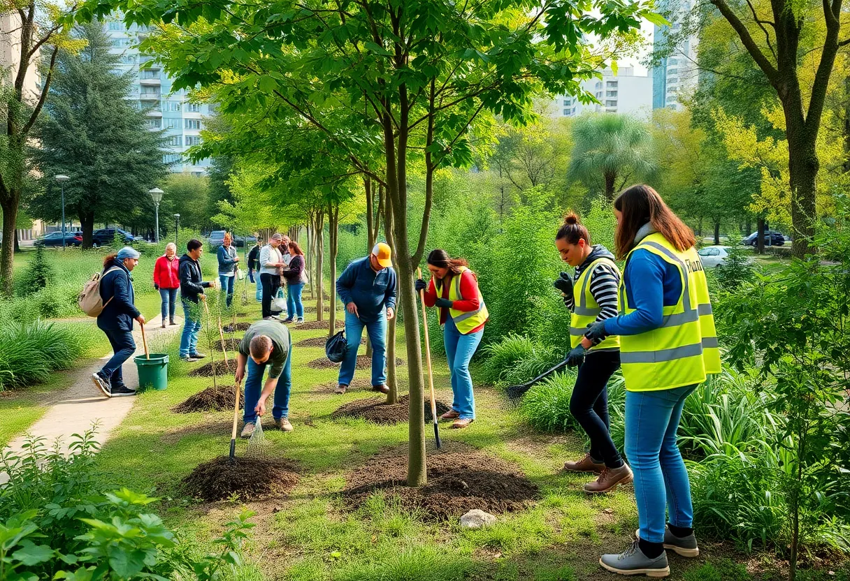Community volunteers planting trees and cleaning trails at Tranquility Park, Omaha.