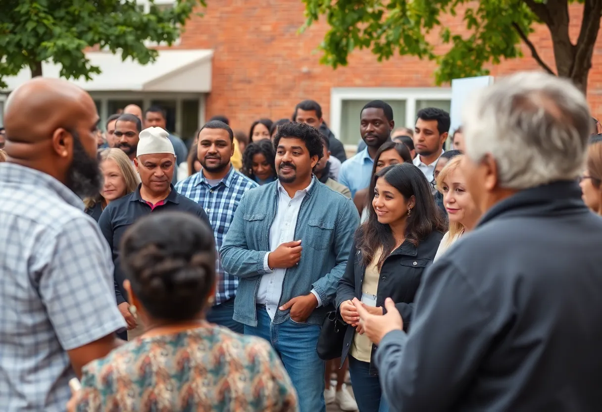 Residents engaging in a public safety meeting in Omaha, with local leaders addressing concerns.