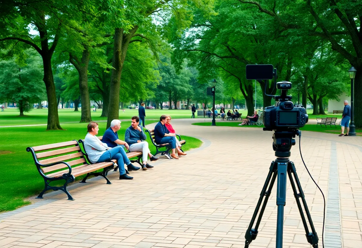 People discussing community issues on park benches in Omaha