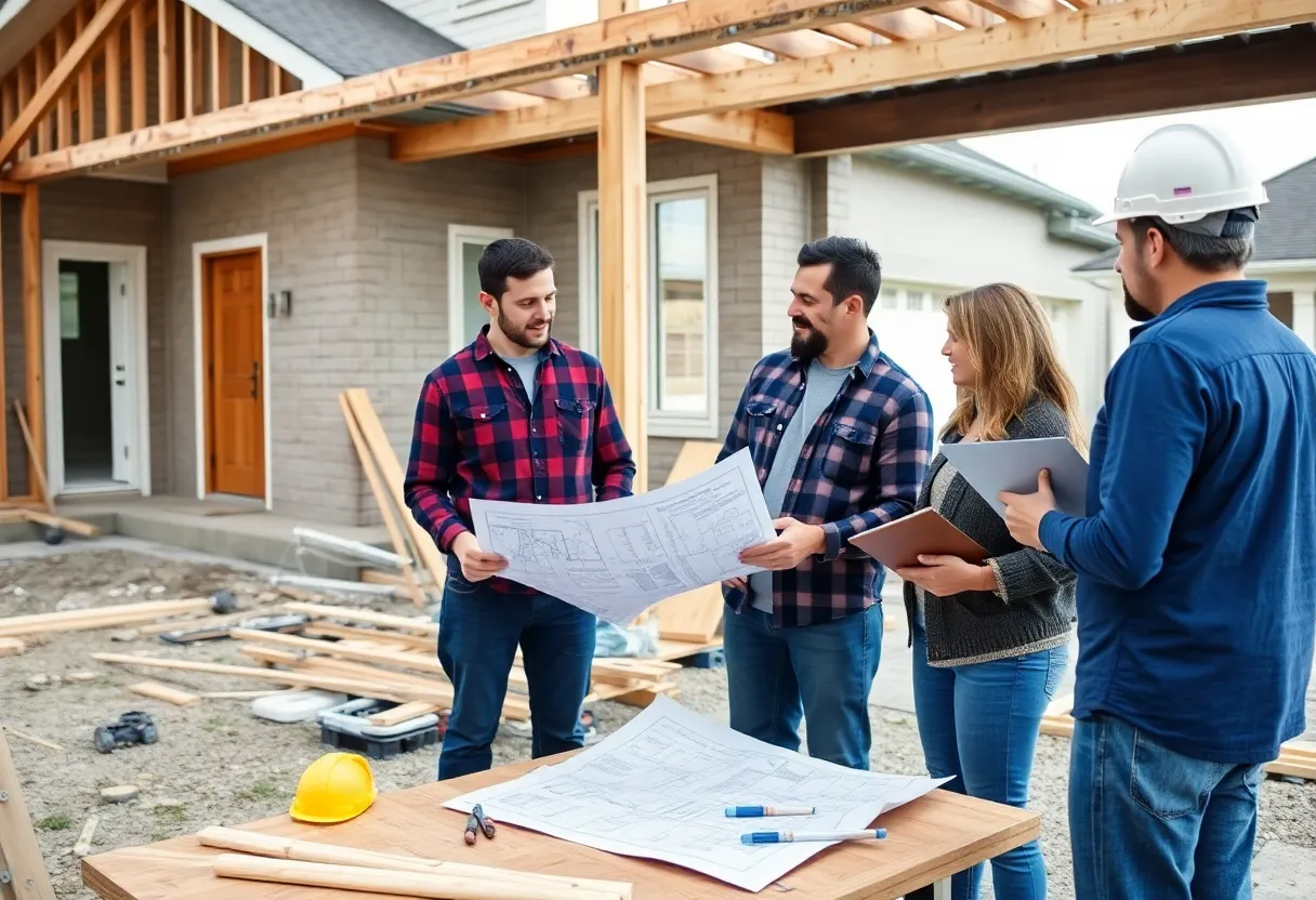Couple discussing home renovation with a contractor