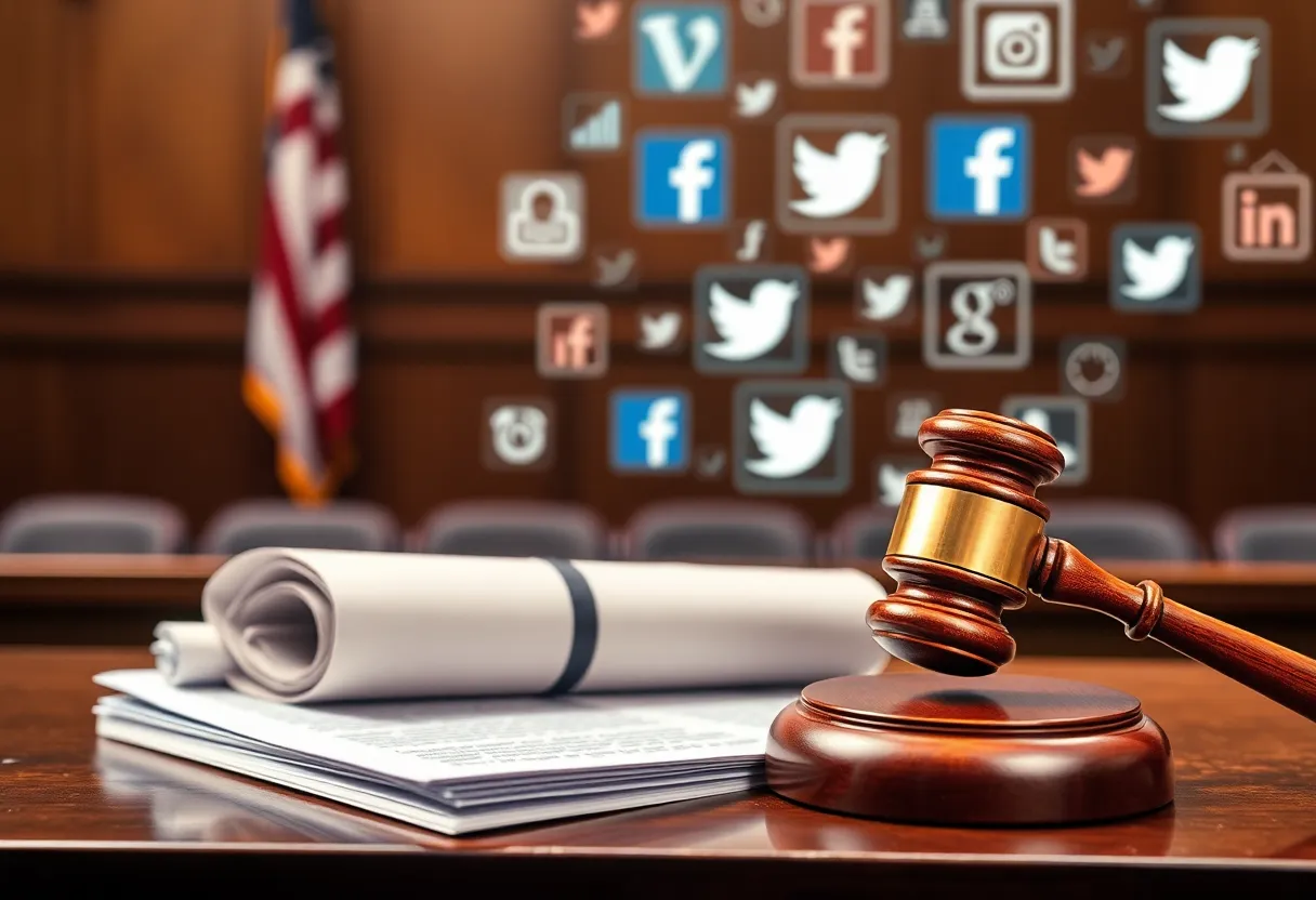 Illustration of a courtroom scene with social media icons representing free speech lawsuit