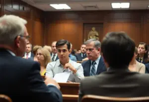 Courtroom scene during a trial for manslaughter, showcasing the tense atmosphere.