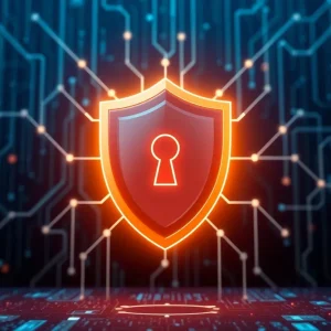 Illustration of a digital shield protecting a network.