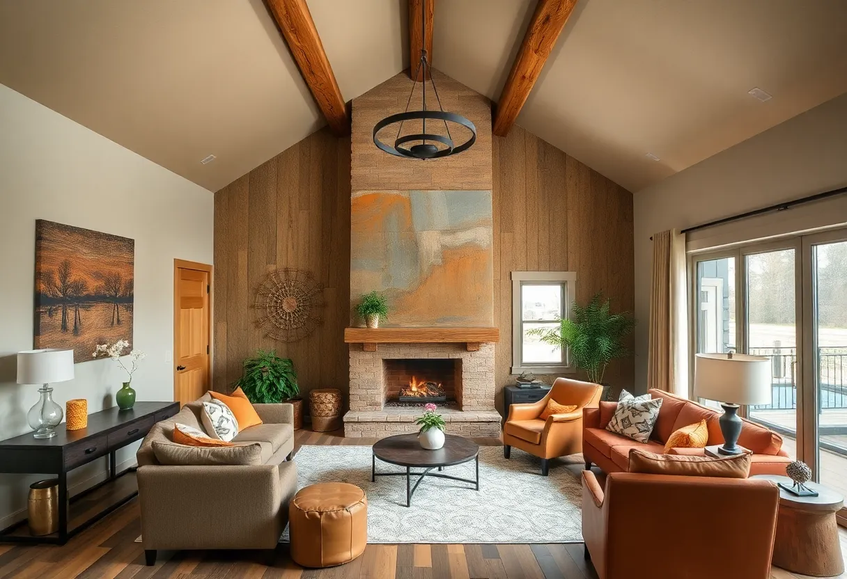 Interior design showcasing rustic Midwest elements with modern luxury