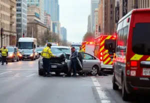 Emergency responders at a car collision scene on Dodge Street in Omaha