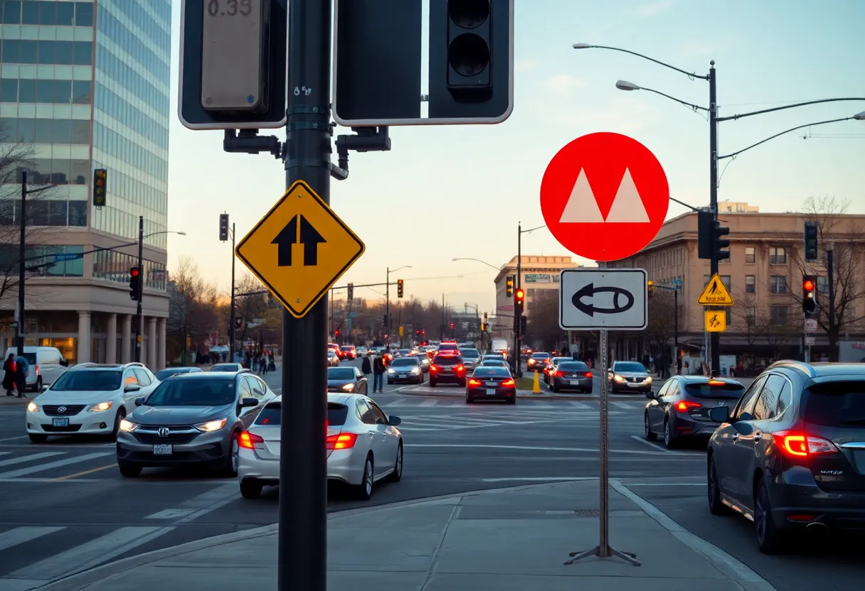 Busy Dodge Street intersection with traffic signals.