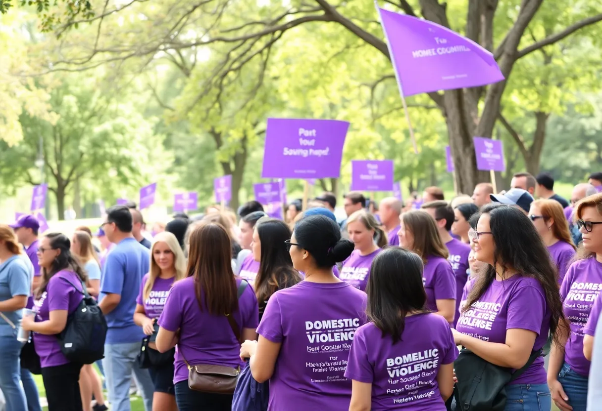 Community members rallying for domestic violence awareness in purple attire at Memorial Park.