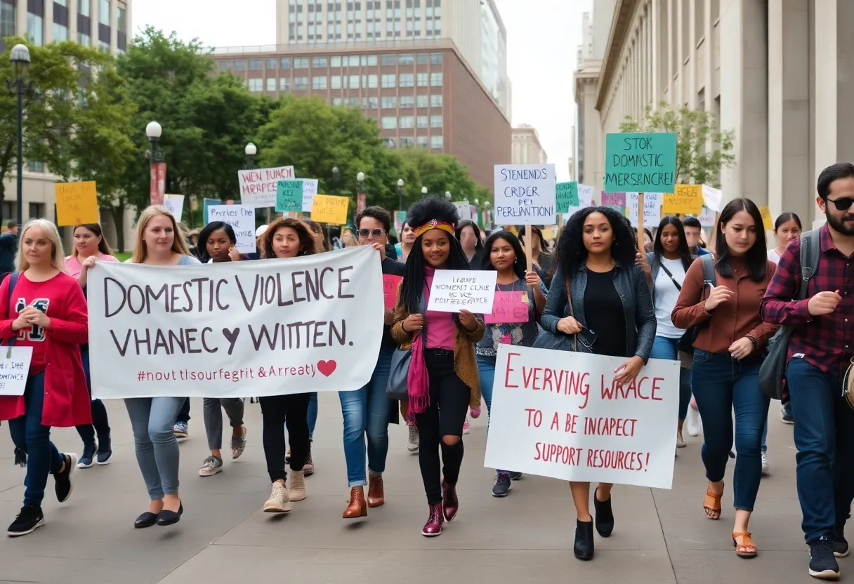 Participants at an Omaha domestic violence awareness event walking together.
