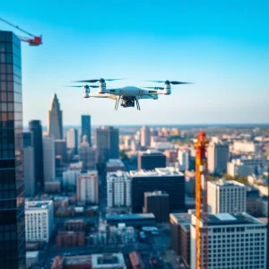 Amazon delivery drone flying near a construction crane in Omaha
