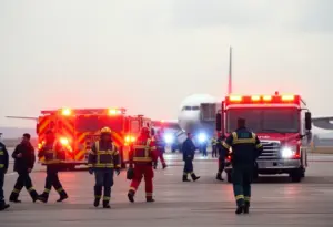Emergency landing scene at Eppley Airfield in Omaha with responders and emergency vehicles