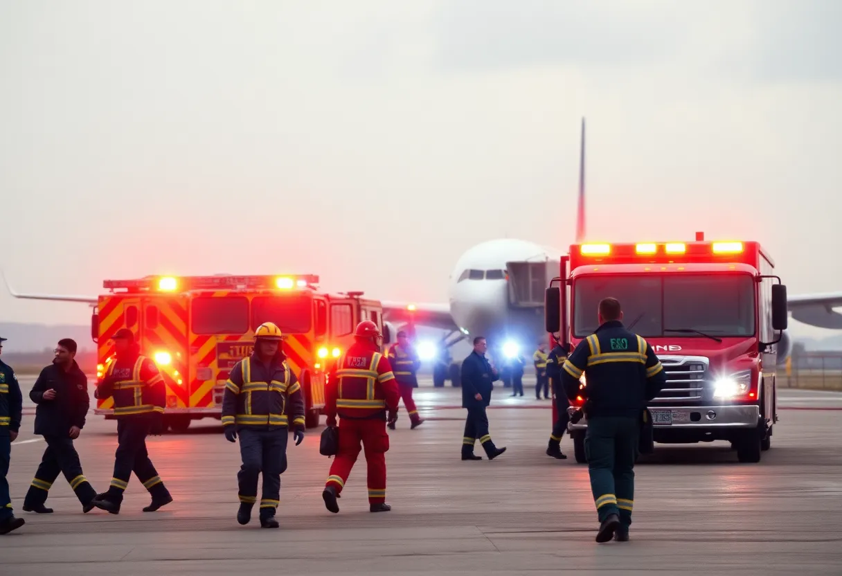 Emergency landing scene at Eppley Airfield in Omaha with responders and emergency vehicles