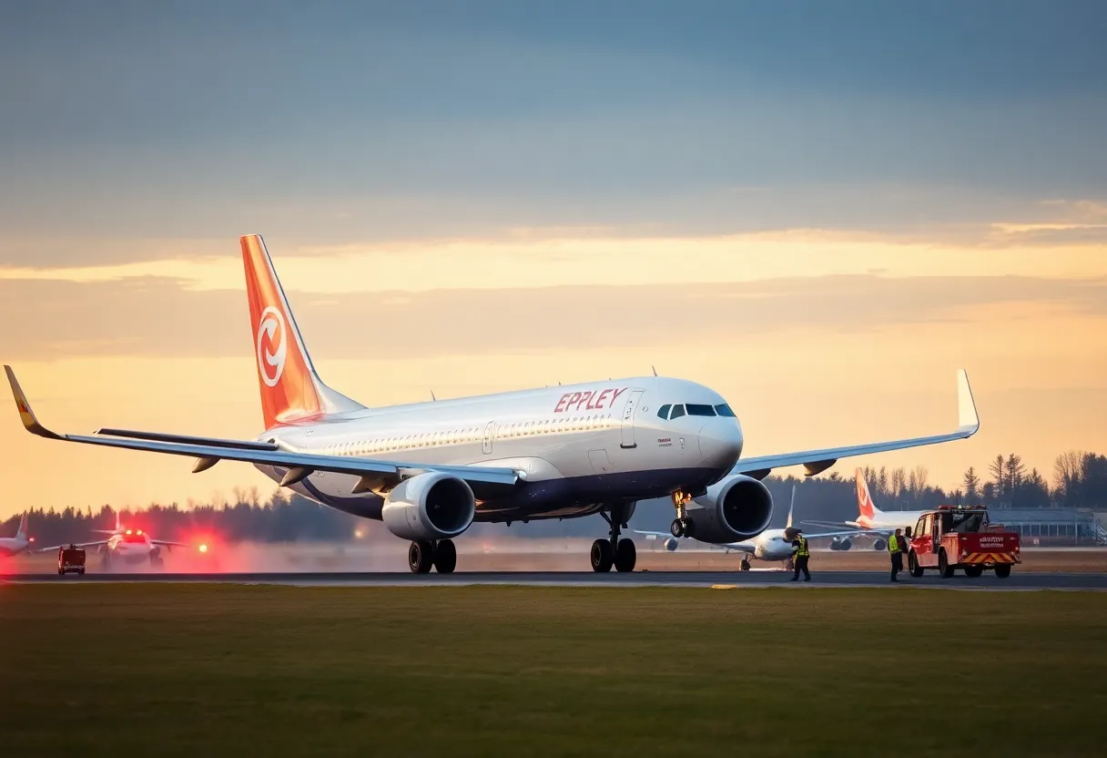 Boeing 737 landing safely at Eppley Airfield with emergency personnel on standby.