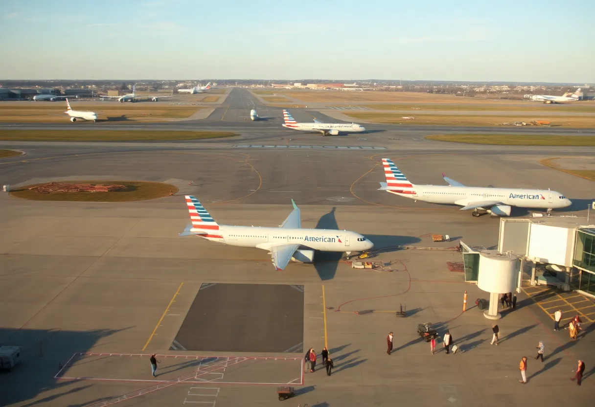 Aerial view of Eppley Airfield showing American Airlines planes and passengers.