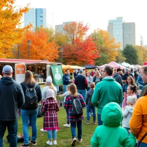 Families enjoying a fall festival in Omaha with colorful leaves and food vendors.