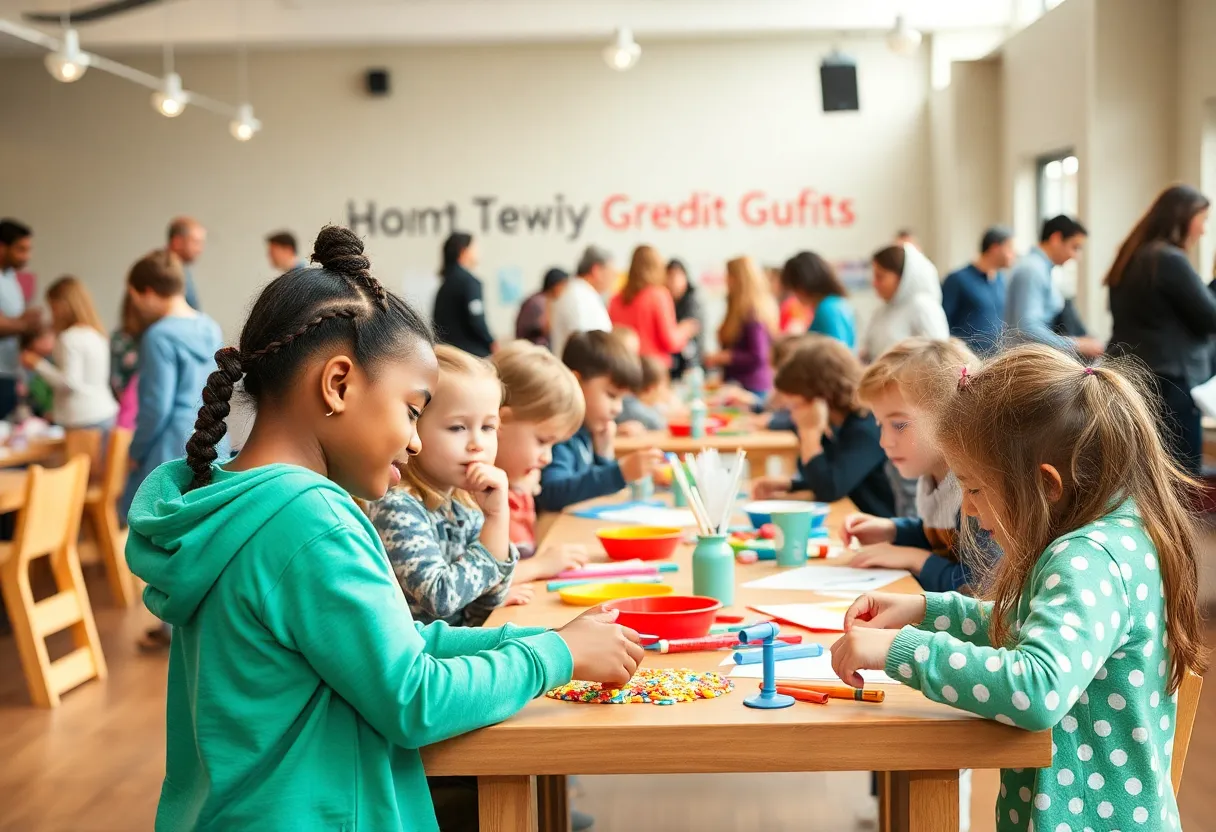 Children playing and engaging in crafts at an Omaha community event