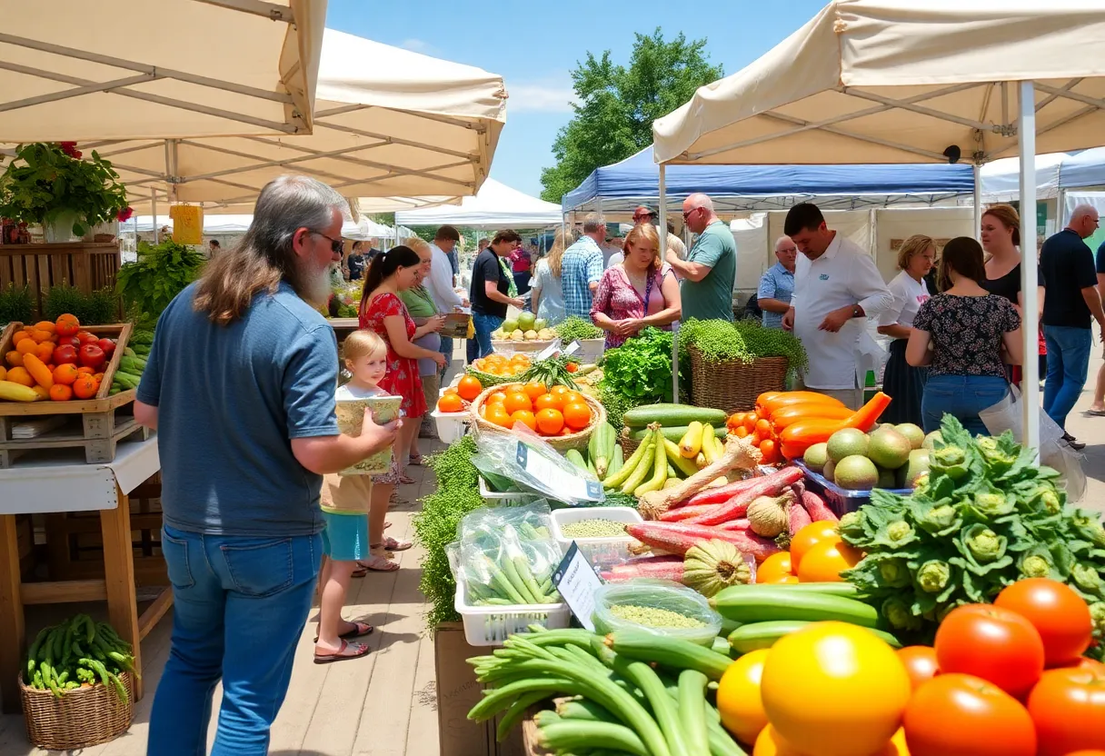 Vendors displaying fresh produce and artisan goods at the Omaha Farmers Market.