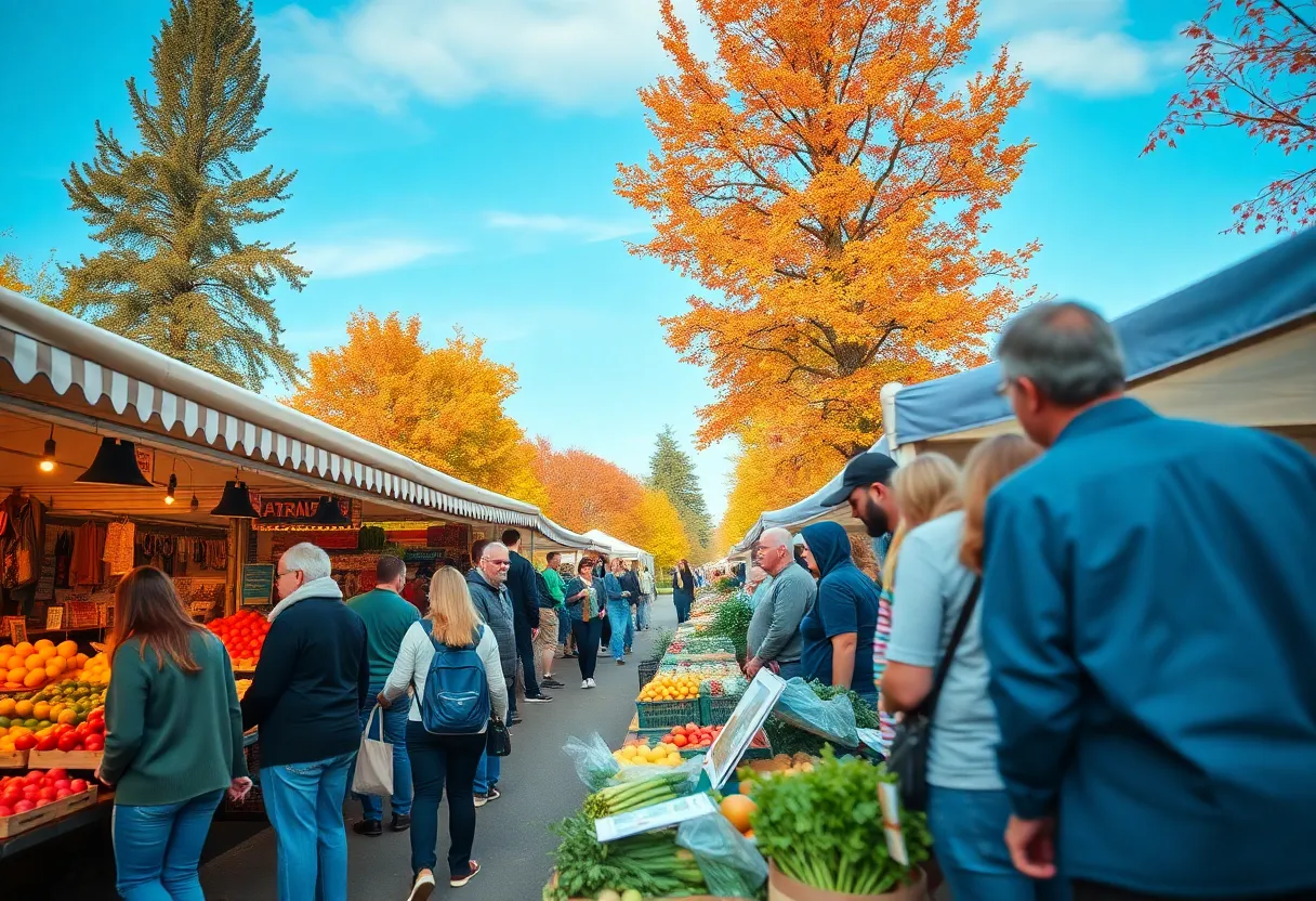 A busy scene at the Omaha Farmers Market with visitors admiring fresh produce and crafts.