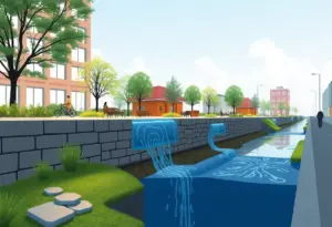 Illustration of infrastructure improvements for flood mitigation in Omaha