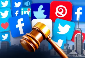 Collage depicting social media engagement, legal themes, and Omaha cityscape.