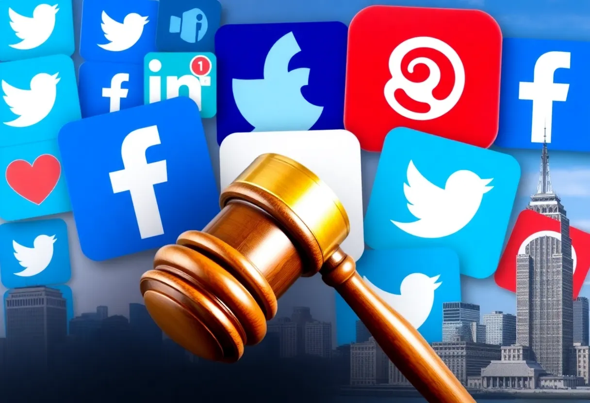 Collage depicting social media engagement, legal themes, and Omaha cityscape.