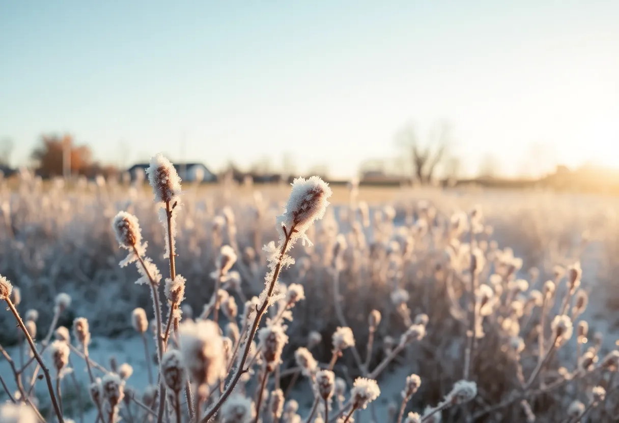 Frost-covered plants in Omaha morning light