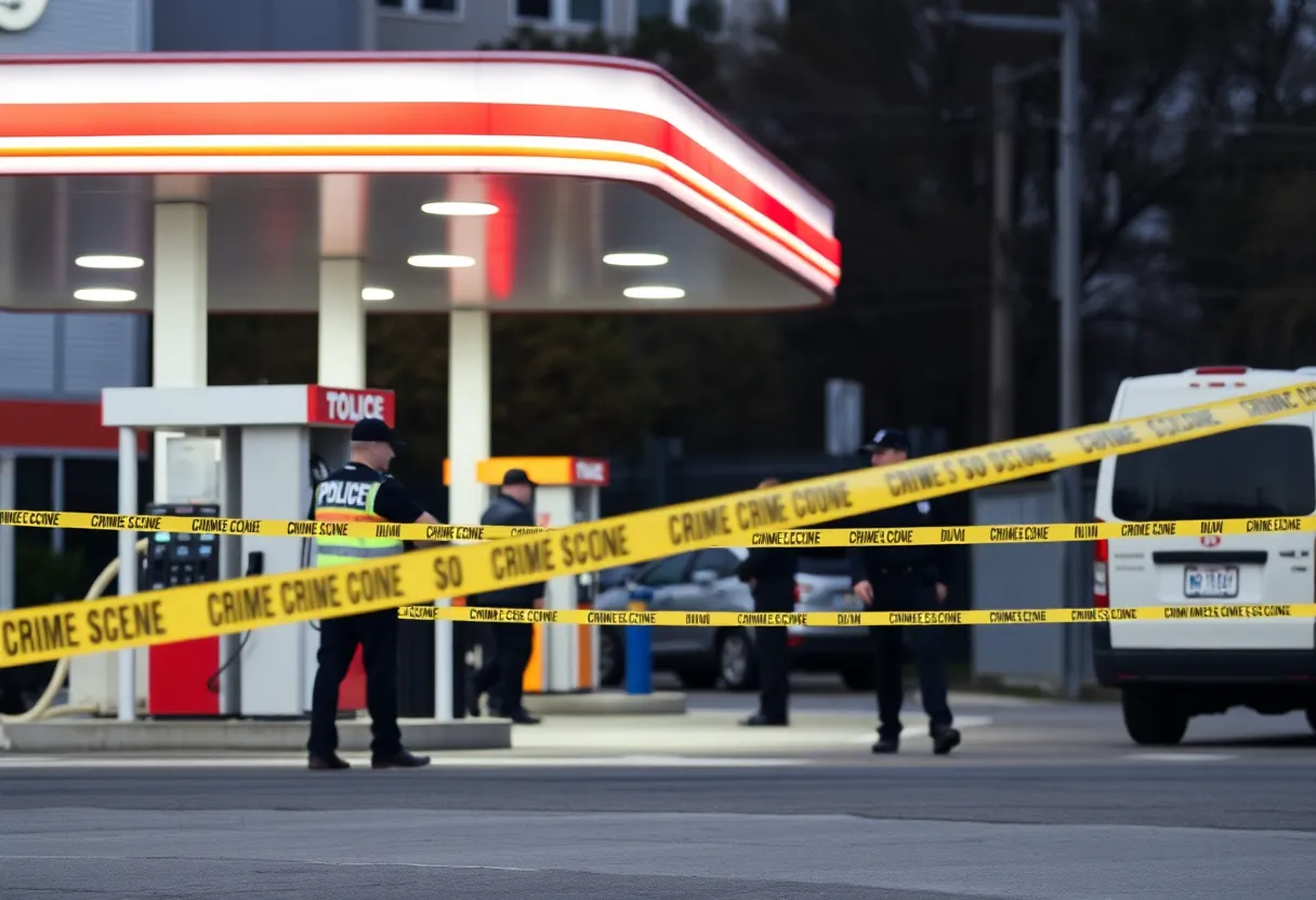 Police officers at a gas station after an armed robbery incident.