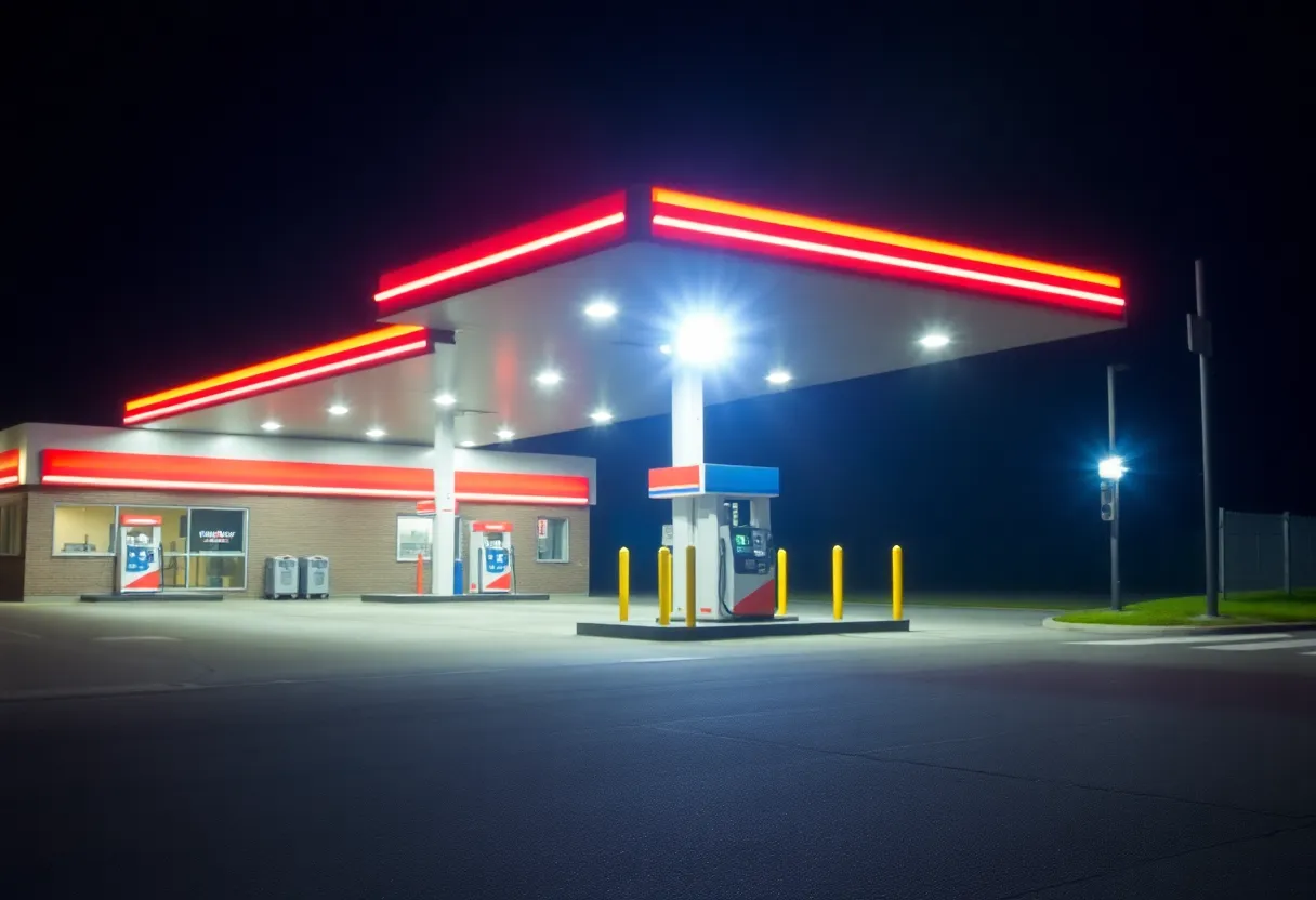 Police lights at a gas station following an armed robbery incident.