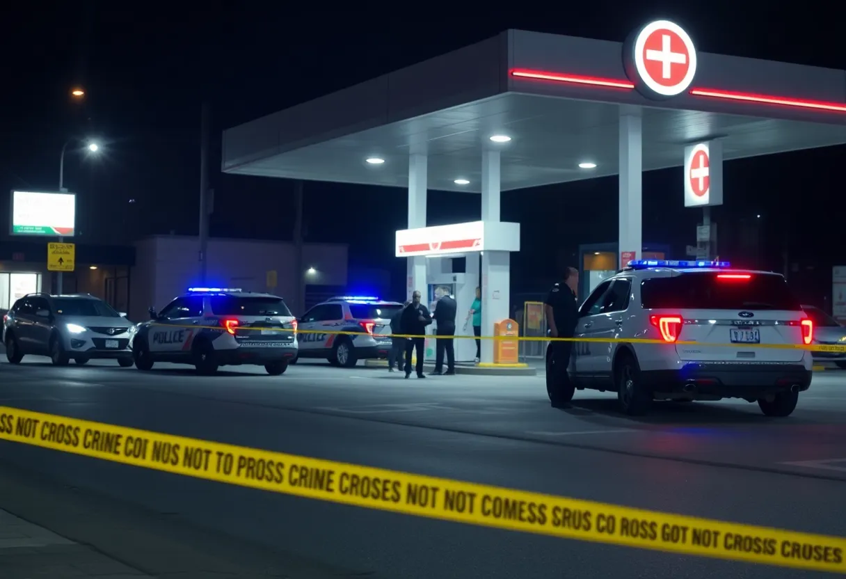 Police vehicles at a gas station following a shooting incident.