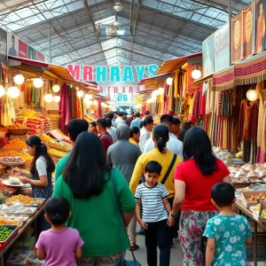 A lively market with various cultural stalls showcasing international foods and goods