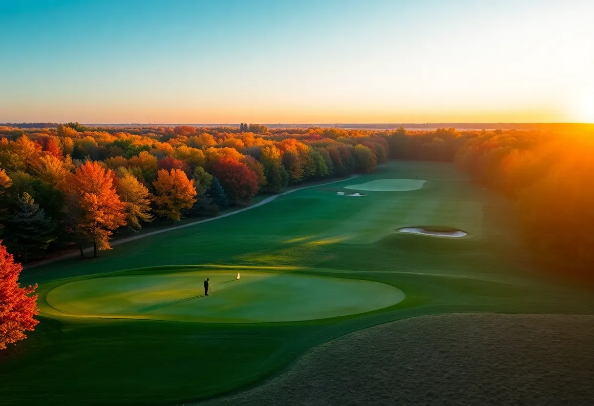 Golfers enjoying time on an Omaha golf course during autumn with wildlife in the background.