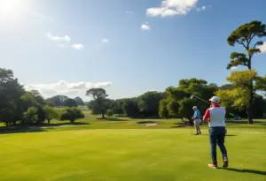A scenic view of Bent Tree Golf Course during the senior league championship with golfers preparing to play.