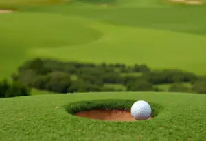 Golf course scenery featuring a par-3 hole with a golf ball in the hole.