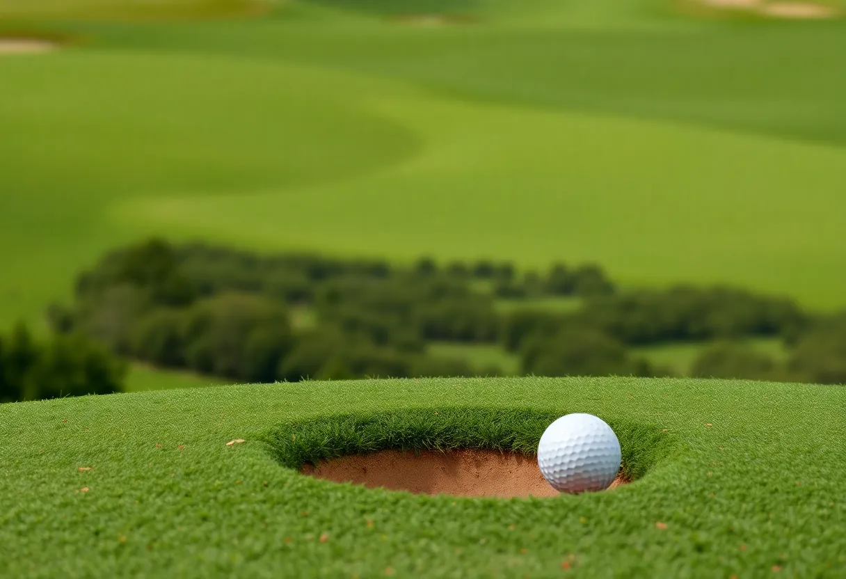 Golf course scenery featuring a par-3 hole with a golf ball in the hole.