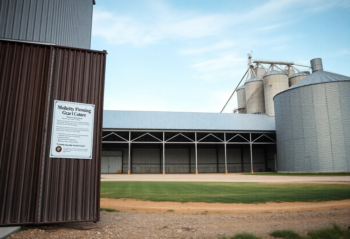 Empty grain facility with regulatory notice