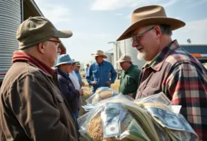 Farmers interacting with grain dealers in Omaha, Nebraska.