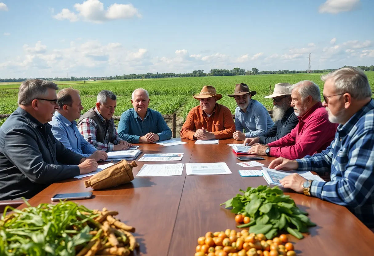 Officials and farmers at an emergency meeting discussing grain dealer license issues.