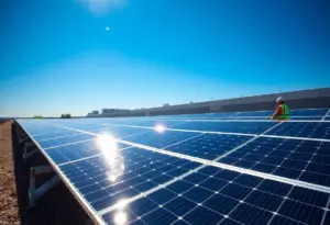 Construction workers installing solar panels at a Berkshire Hathaway facility in Omaha.