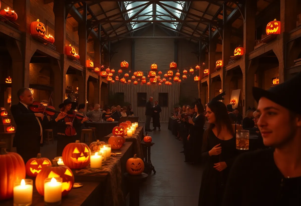 Attendees enjoying the Candlelight Halloween concert with string quartets and themed decorations.