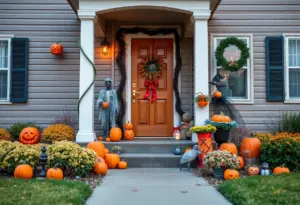 Decorated doorsteps in Omaha during Halloween